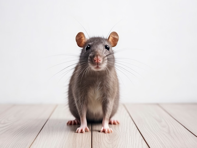 Pest Control 1 A rat sitting on wooden floor.
